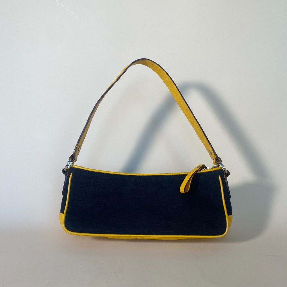 Vintage Kate Spade in Black and Yellow Denim and Leather Shoulder Bag